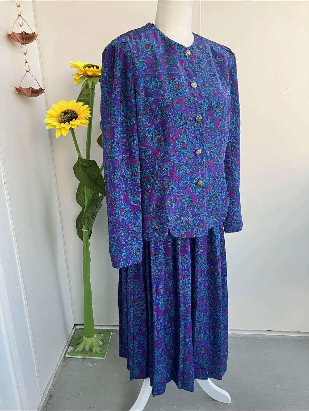 Vintage 80s 90s Leslie Fay Indigo Blue & Pink Skirt Suit Set